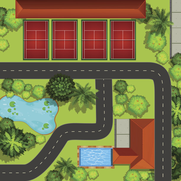 网球场及周围的俯视图图片下载