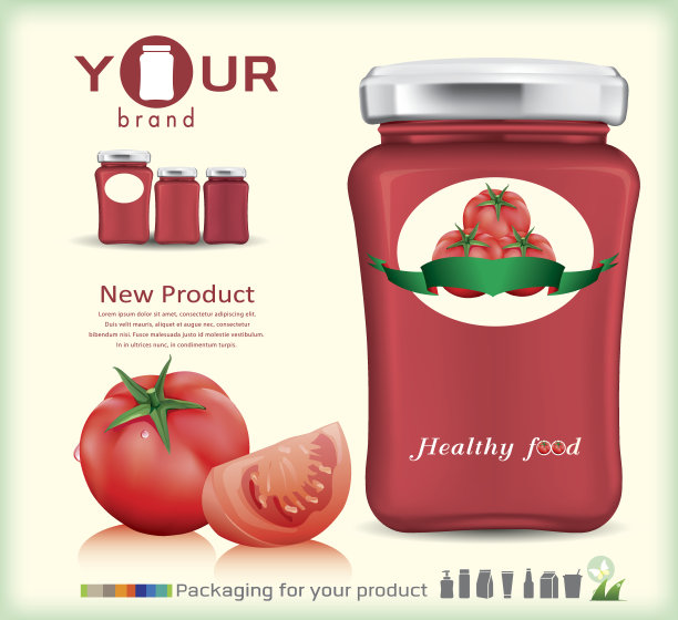 果酱设计用玻璃瓶包装。西红柿图片下载