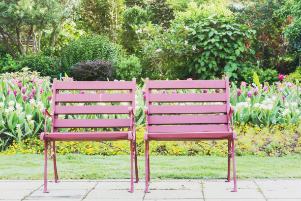 草地上有两把木椅图片下载