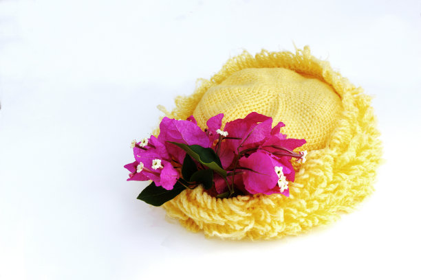 黄色的帽子和纸花在白色的bg图片下载