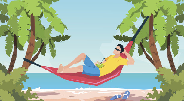 躺在吊床海滩度假的男人图片下载