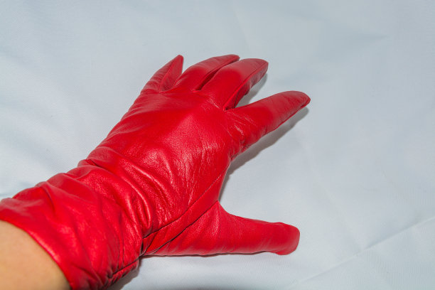 白色背景上戴着红色皮手套的女性手图片下载