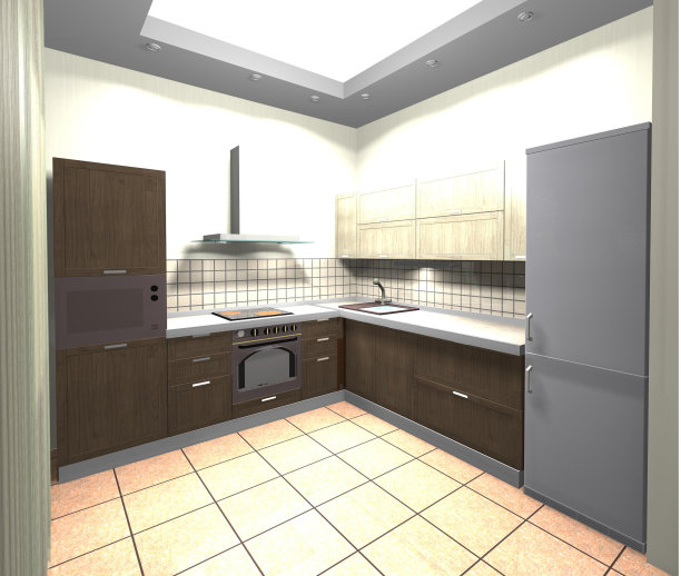 米黄色厨房，室内设计3D效果图图片下载