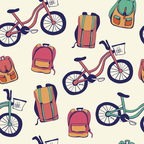 矢量无缝模式自行车和背包。图片下载