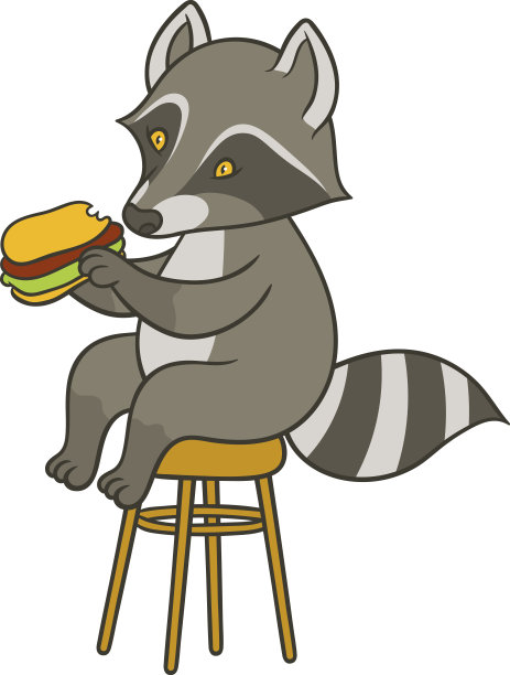 可爱的卡通浣熊拿着大好吃的三明治图片下载