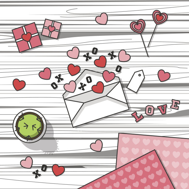 情人节的餐桌上堆满了心和信。矢量插图。图片下载