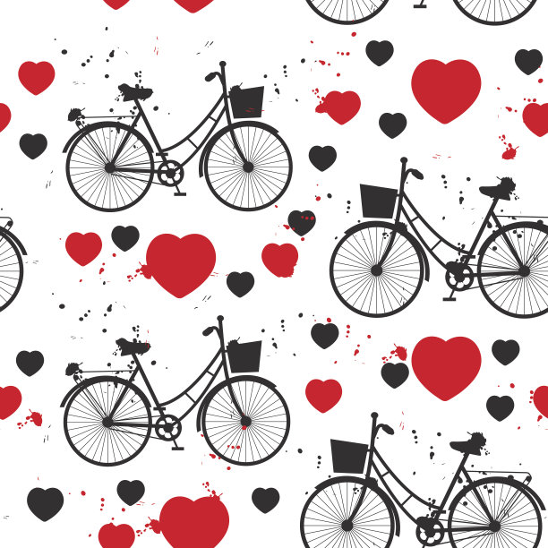 无缝模式黑色自行车和红色的心在白色的背景。图片下载