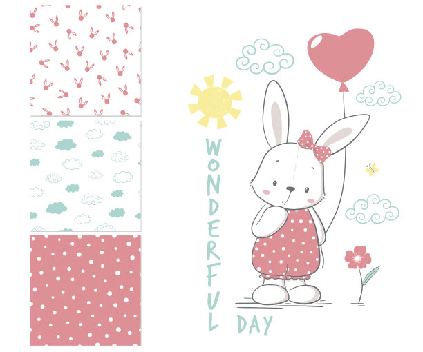 小兔子和气球。表面图案和3个无缝图案图片下载