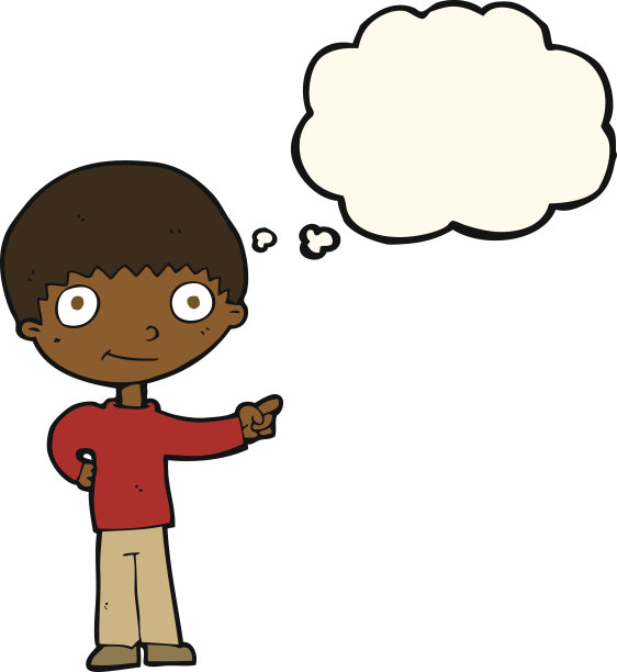 卡通快乐的男孩用思想泡泡指着图片下载