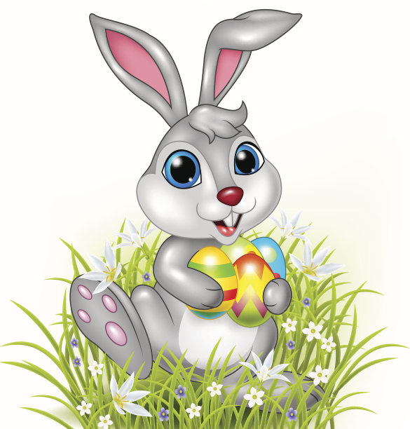 卡通兔子拿着五颜六色的复活节彩蛋图片下载