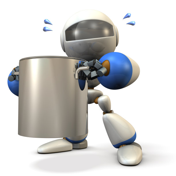 可爱的机器人有一个大壶。图片下载