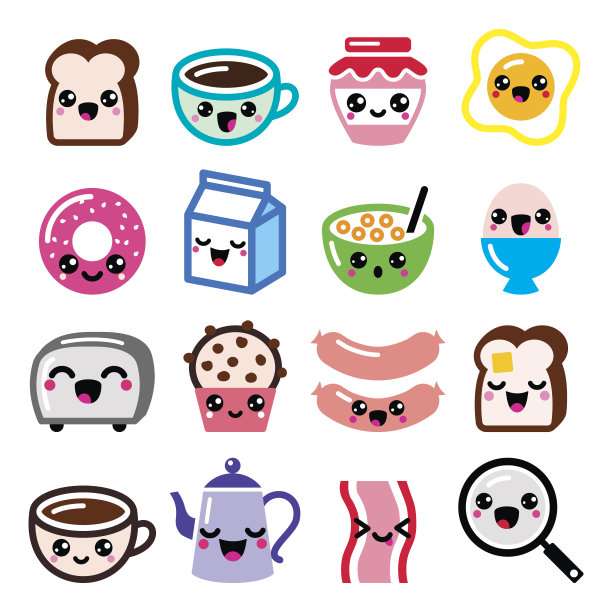 可爱的早餐食品和饮料，可爱的矢量图标设置图片下载