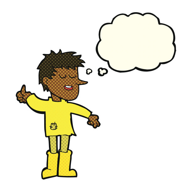 卡通可怜的男孩用积极的态度和思想泡泡图片下载