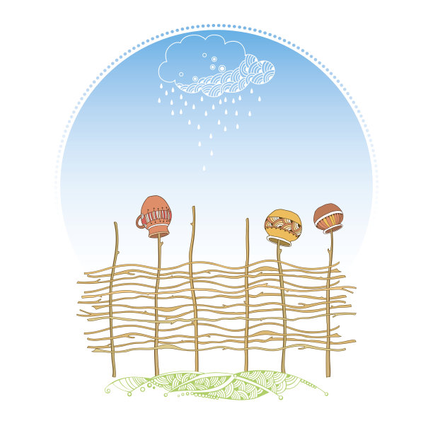 蓝色背景上挂着陶瓷花盆的柳条栅栏。图片下载