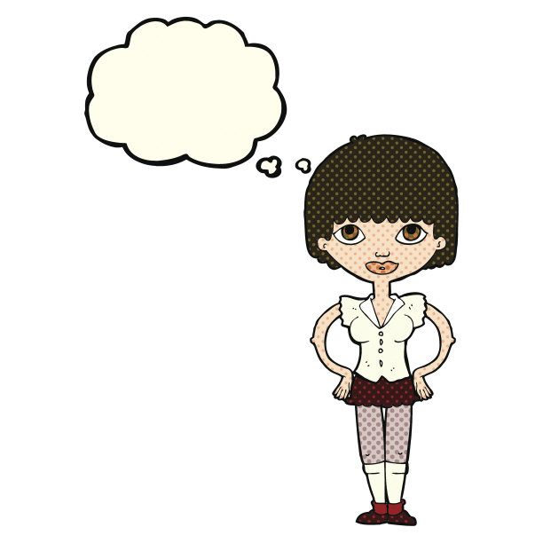 卡通女人的手在臀部与思想泡泡图片下载