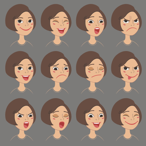 卡通女孩的情绪和表情设置。素材图片