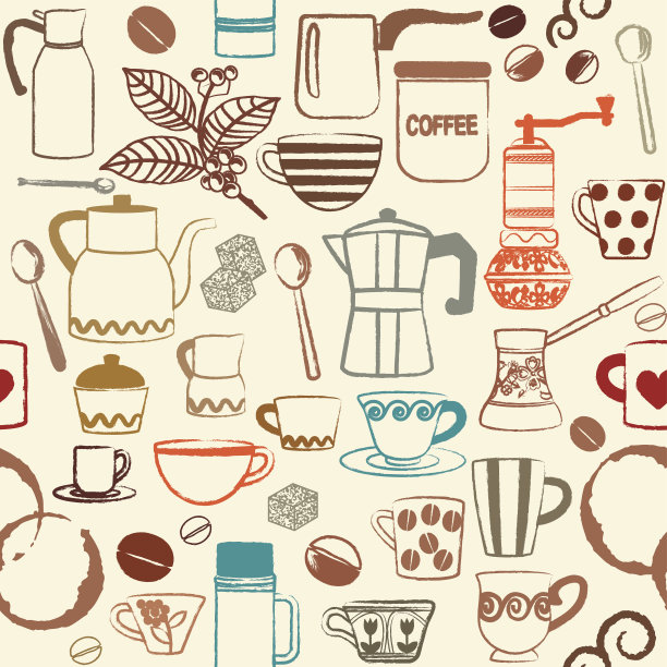 复古无缝背景与手绘咖啡相关的符号图片下载