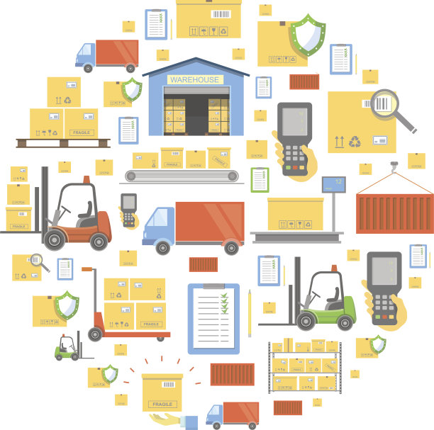 物流业务概念、仓储、运输配送及货物循环背景图标图片下载