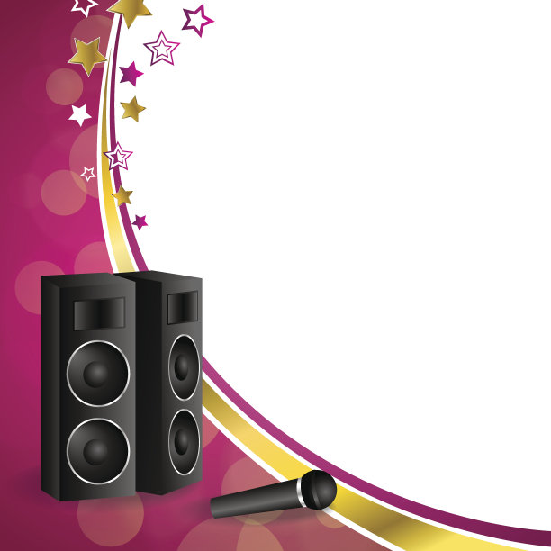 背景卡拉ok麦克风扬声器星形粉黄色金缎带框架图片下载