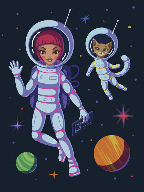 宇航员女孩和猫的插画图片下载