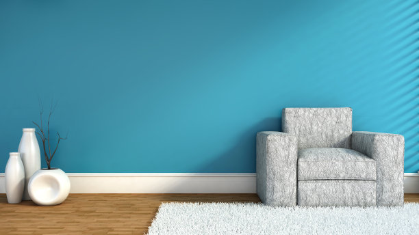 空的蓝色内饰，椅子和花瓶。三维演示图片下载