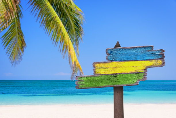 彩色木制方向标志，沙滩和棕榈树背景图片下载