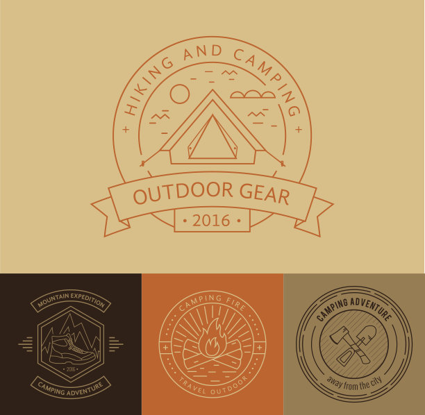 露营徽章设置在细线风格。图片下载