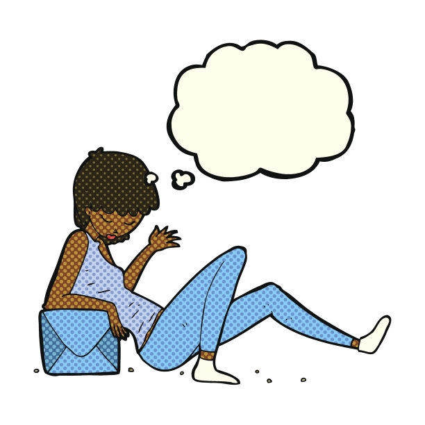 卡通女人靠在包装盒上，带着思想泡泡图片下载