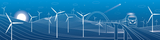 火车移动，山脉景观，风车，风力图片下载