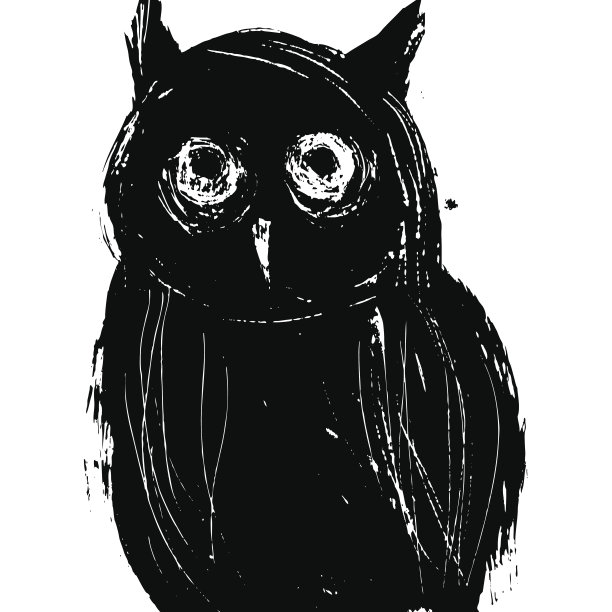 白色背景上的黑猫头鹰。孤立的墨水画。图片下载