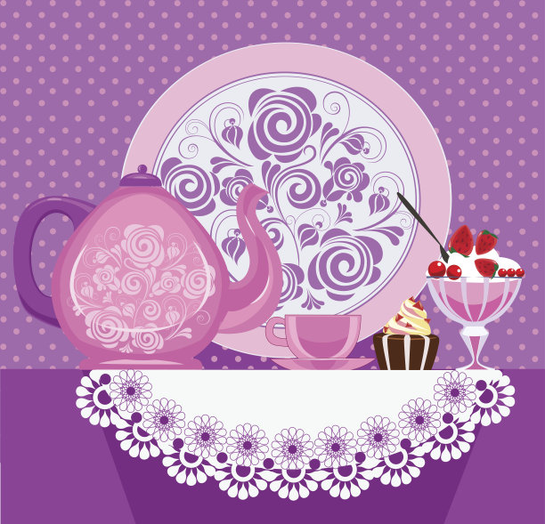 矢量图像茶，杯子，蛋糕，果酱桌上图片下载