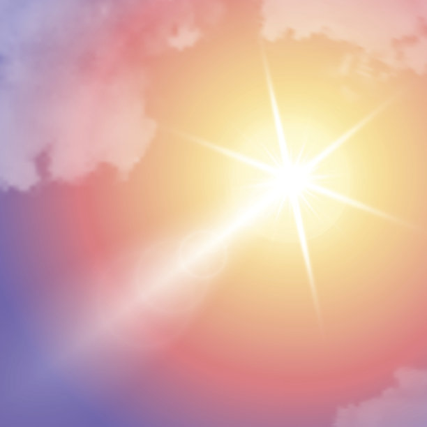 真实的太阳耀斑与云彩在蓝色的天空。图片下载