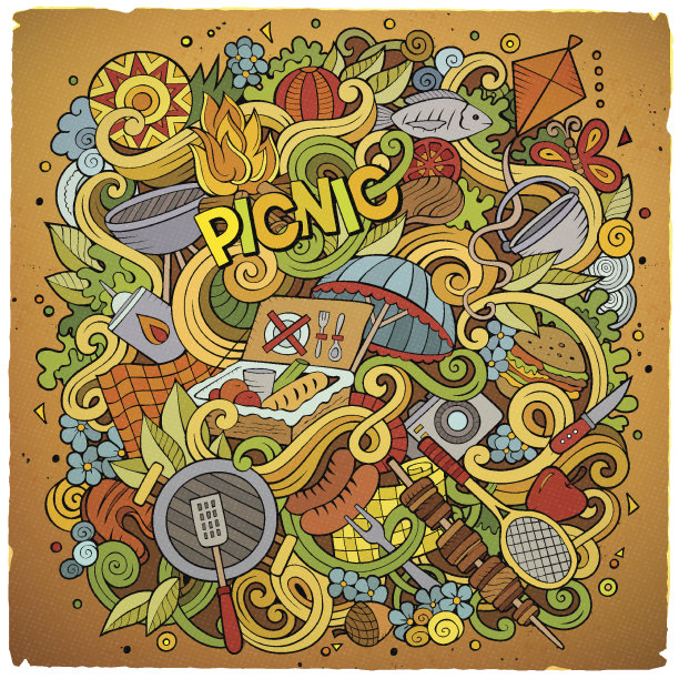 卡通矢量野餐涂鸦插图图片下载