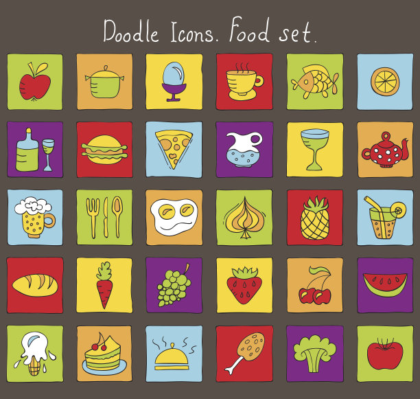 彩色涂鸦图标。食品集图片下载