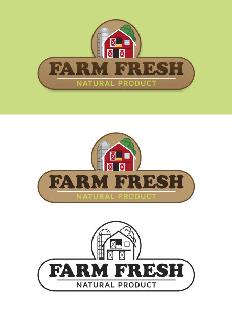 农场新鲜食品标签与谷仓和筒仓矢量插图图片下载