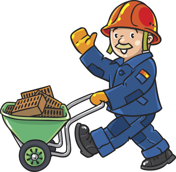 滑稽的建筑工人推着手推车图片下载