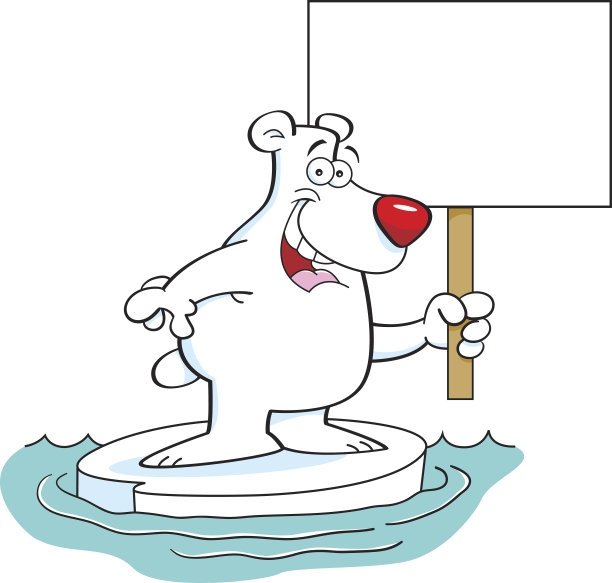 卡通北极熊举着牌子。素材图片