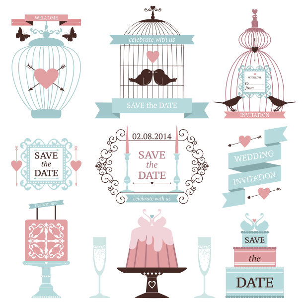 复古向量婚礼设计元素集合。图片下载