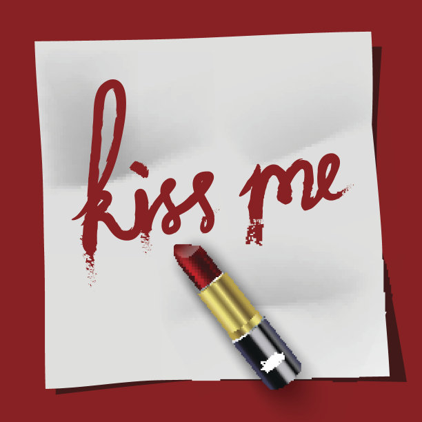 白色的记事本亲吻我，红色的背景上涂着口红图片下载