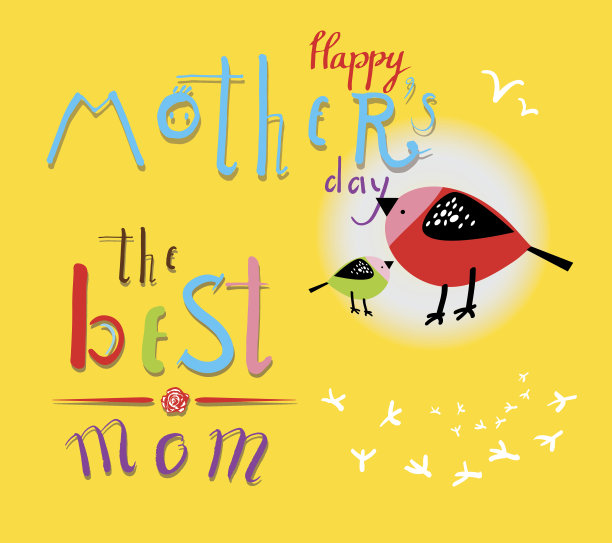 向量母亲节快乐贺卡与字母和鸟类。图片下载