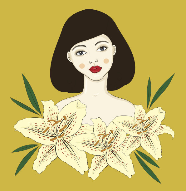 矢量插图的一个女孩与百合素材图片