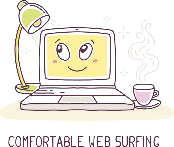 矢量插图黄色笔记本电脑与灯和咖啡图片下载