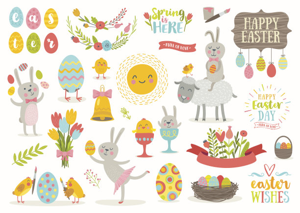 一套可爱的复活节卡通人物和设计元素图片下载
