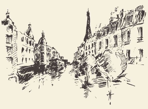 巴黎街头法国复古插画绘制图片下载