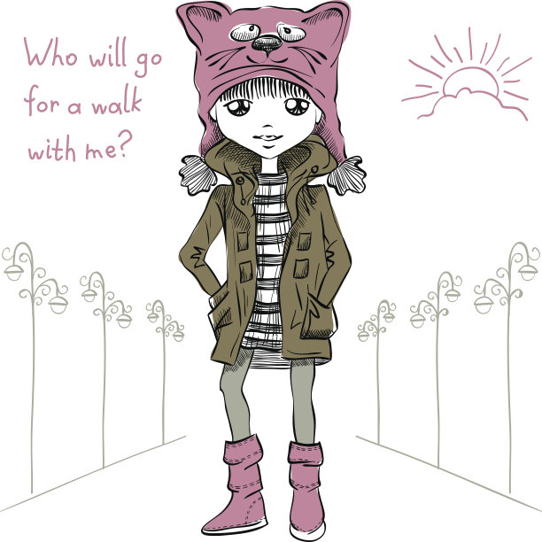 向量可爱的女孩在滑稽的帽子与口吻猫图片下载