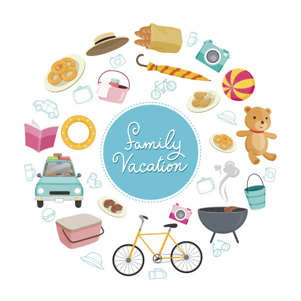 家庭度假对象图标在圆形框架上图片下载
