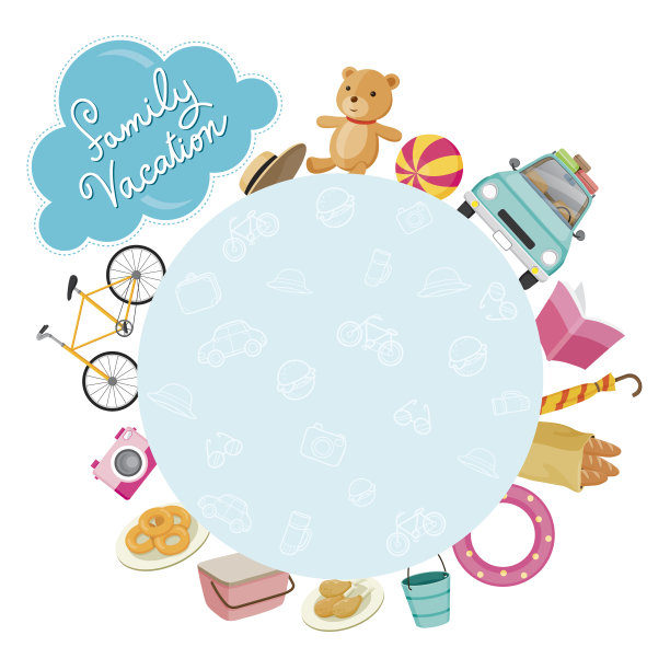 家庭度假对象图标在圆形框架上图片下载