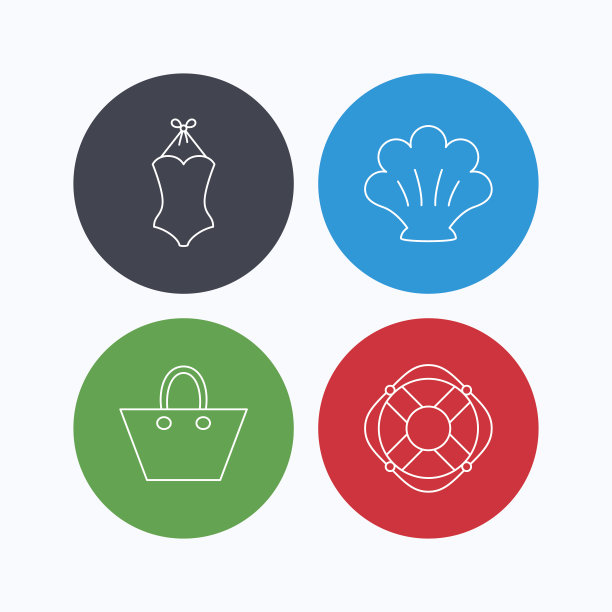 女士手提包，贝壳和泳衣图标。图片下载