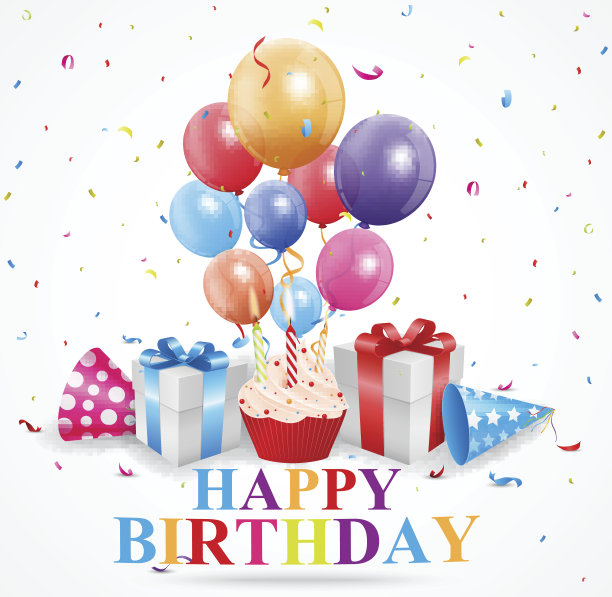 带彩色气球和五彩纸屑的生日卡片图片下载