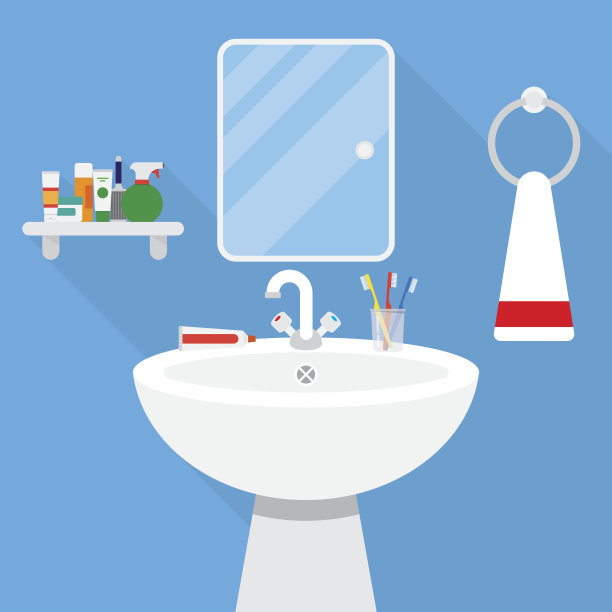 浴室有盥洗台和镜子。图片下载